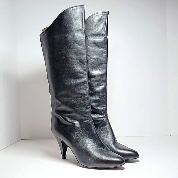 Mister Shoes Markon Footwear Heeled Boots Black Leather Calf Length Pull-On 6.5M - Picture 1 of 14